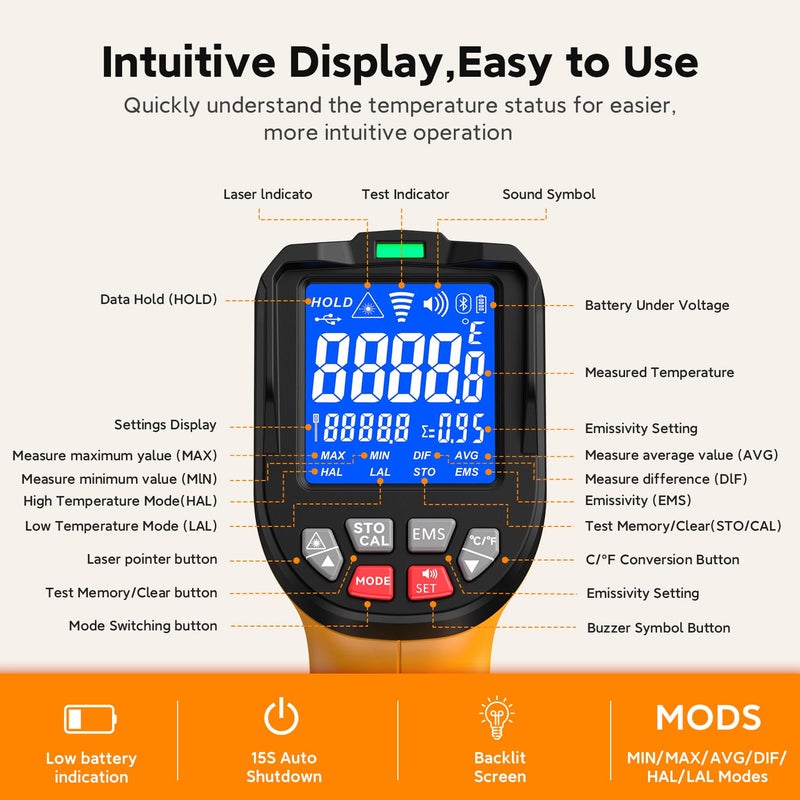 SURPEER -58°F to 3992°F Infrared Thermometer IR Gun, High-Temp Digital Temperature Gun 50:1 Non-Contact Pyrometer & Triple Laser for Kiln, Forge, Furnace, Engine, HVAC, Industrial Use - Image 4
